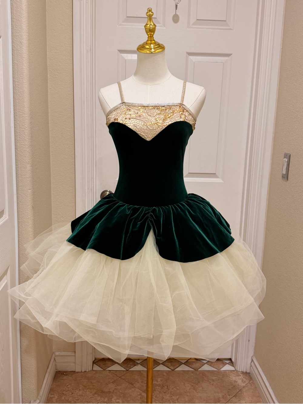 Emerald Velvet & Cream Tulle Dance Costume with Gold Accents
